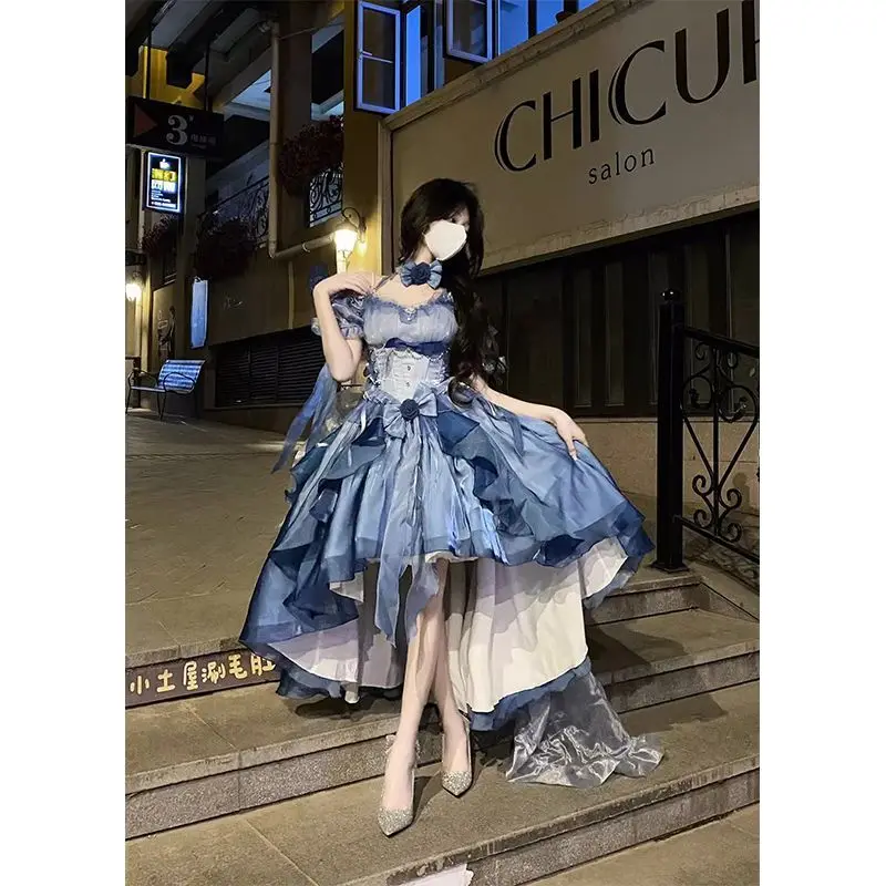 

[Second hair]Blue floral wedding dress, lolita dress, heavy industry trailer, fluffy princess dress