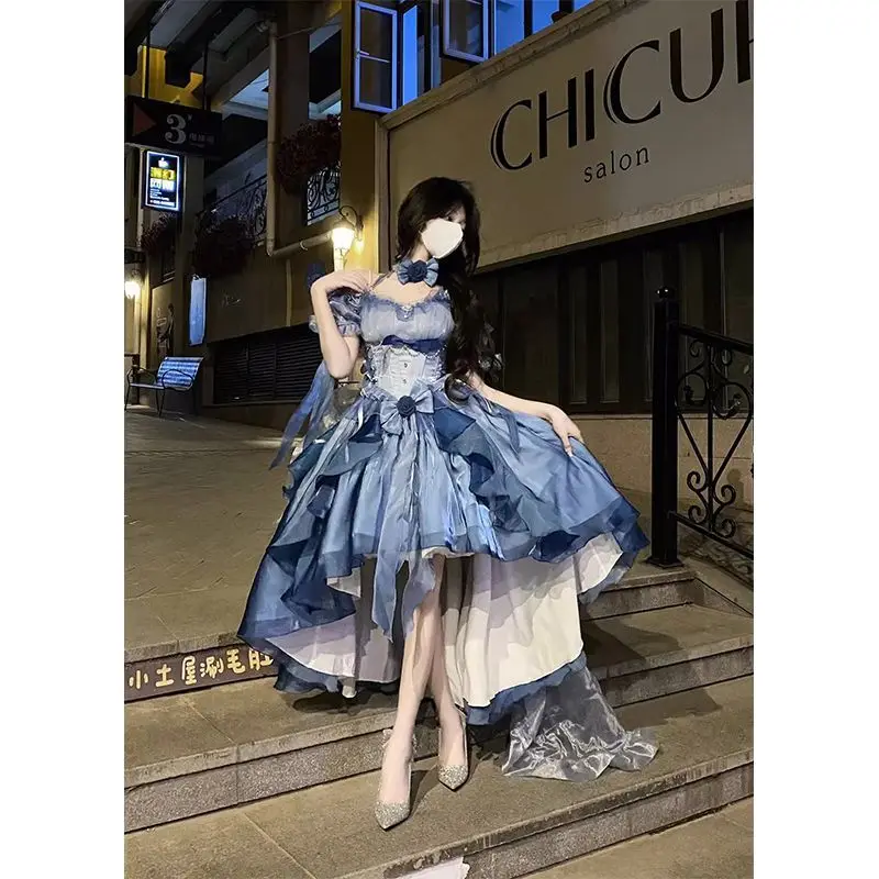 [Second hair]Blue floral wedding dress, lolita dress, heavy industry trailer, fluffy princess dress