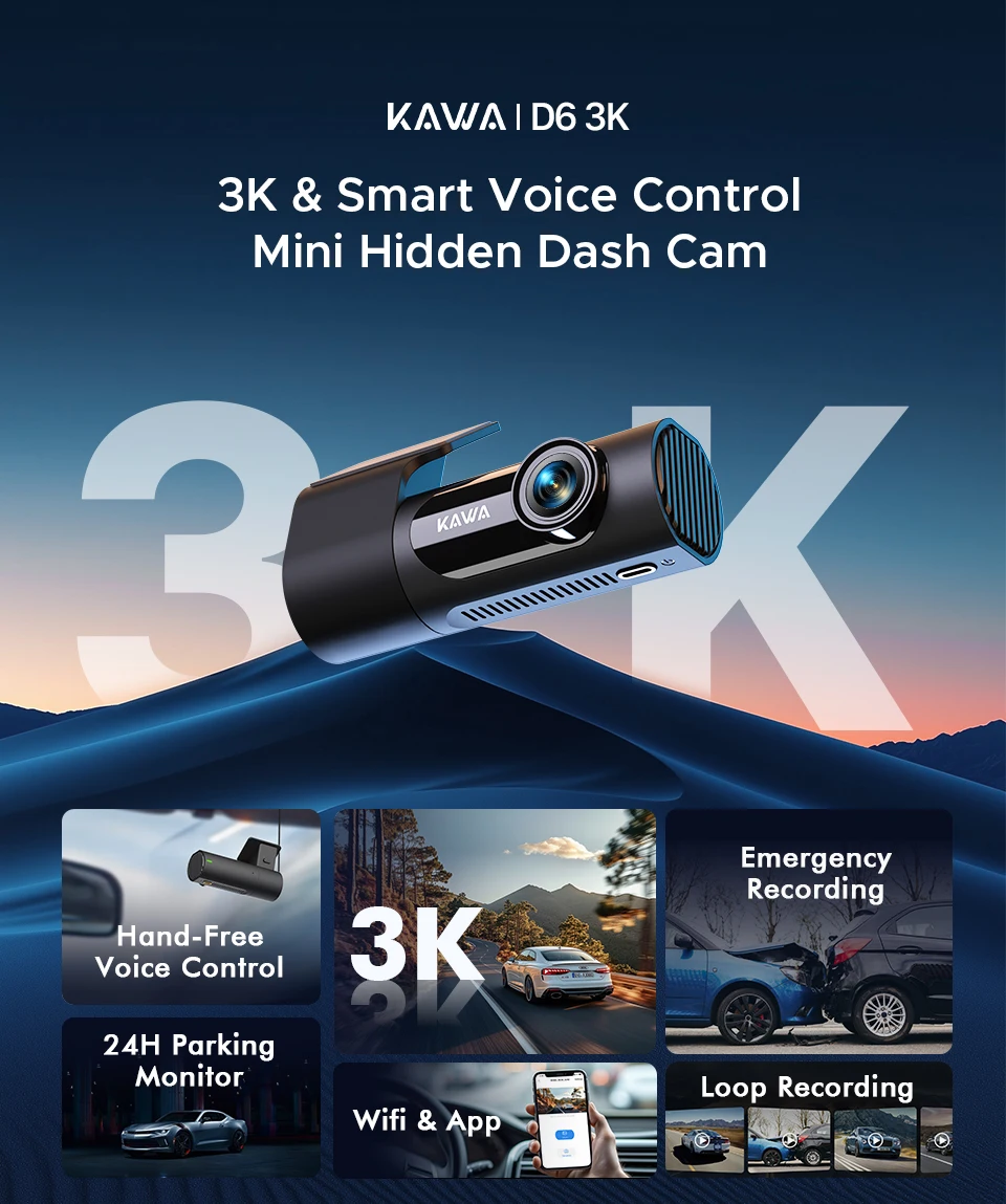 KAWA Dashcam D6 3K Upgrade Nachtsicht 24/7 Parküberwachung Superkondensator Notfallaufzeichnung Auto-DVR Sprachsteuerung – Detail 3