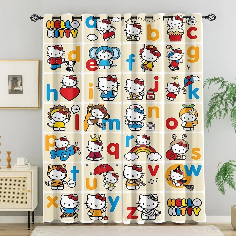 

2Pcs Kawaii Hello Kitty Curtains, Pink Strawberry/Heart/Gingham Cartoon Window Drapes, Cute Kids Girls Bedroom Decor