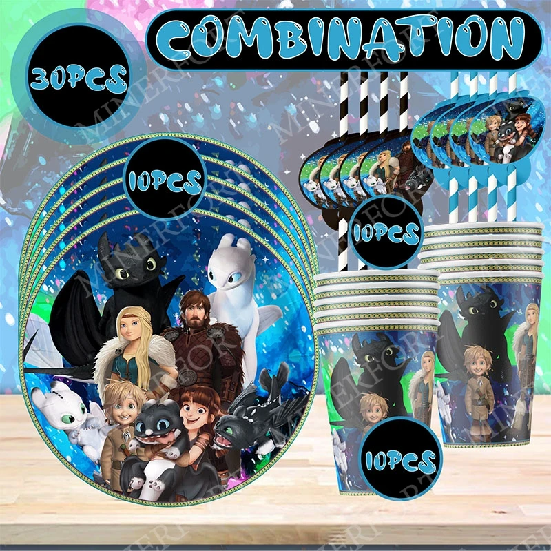 Cartoon How to Train Your Dragon Themed Paper Cup Plate Straws Combination Supplies for Birthday Halloween Party Decoration Gift