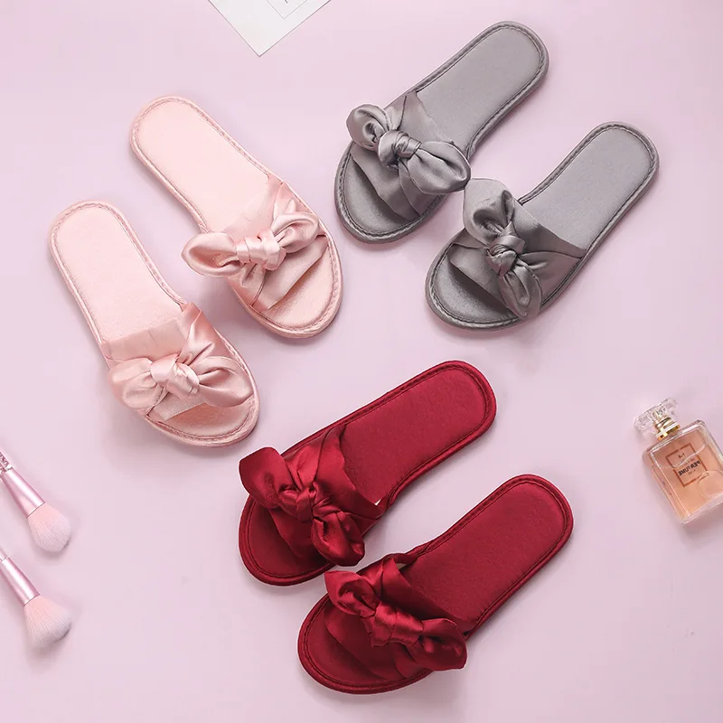 Wedding slippers non-slip simulation silk plaid indoor home slippers sweet bow bridesmaid slippers ladies comfortable and soft