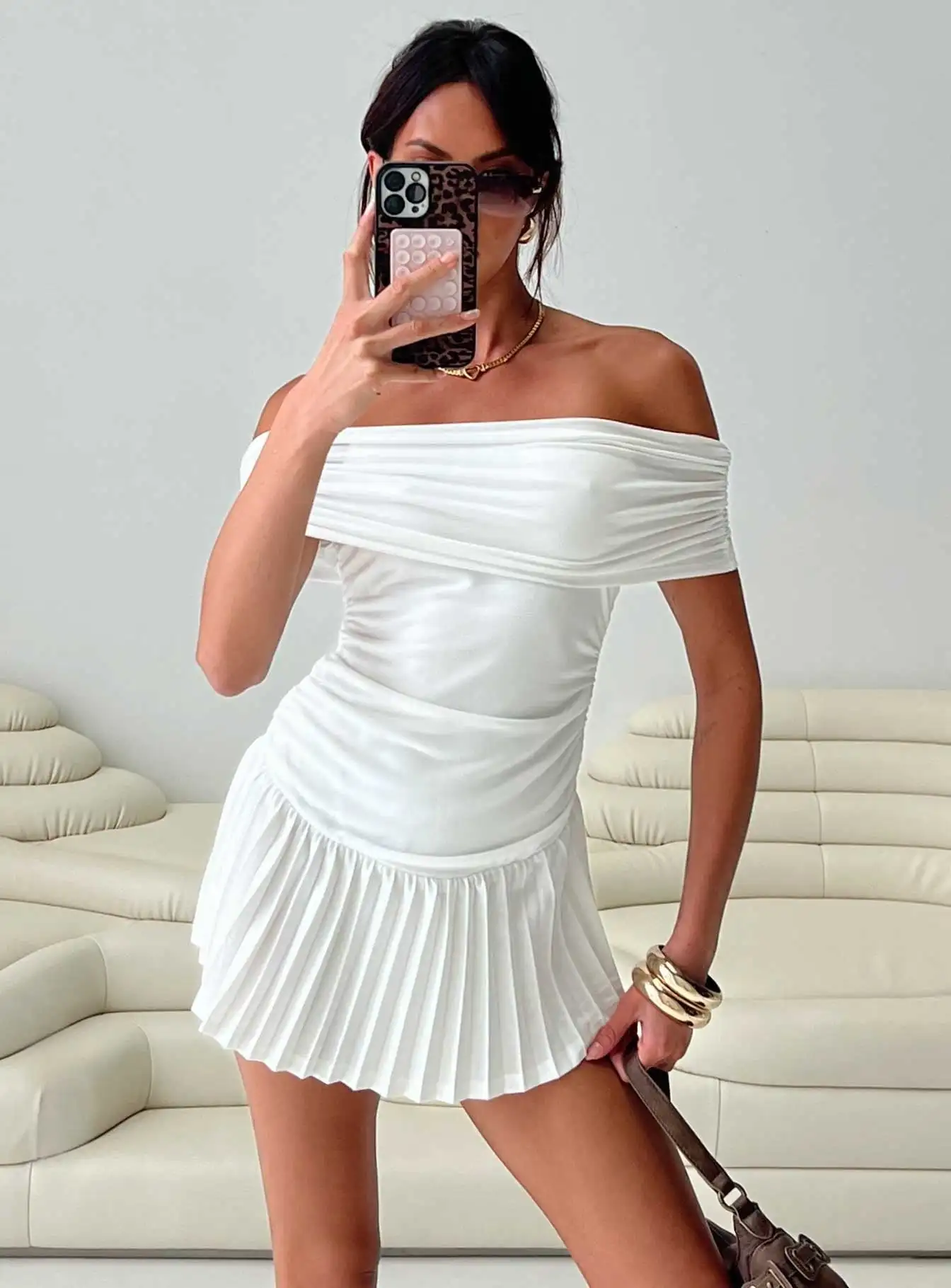 Women's White Off Shoulder Ruched Bodycon Dress Pleated Mini Dress Y2K Sexy Vacation Dress
