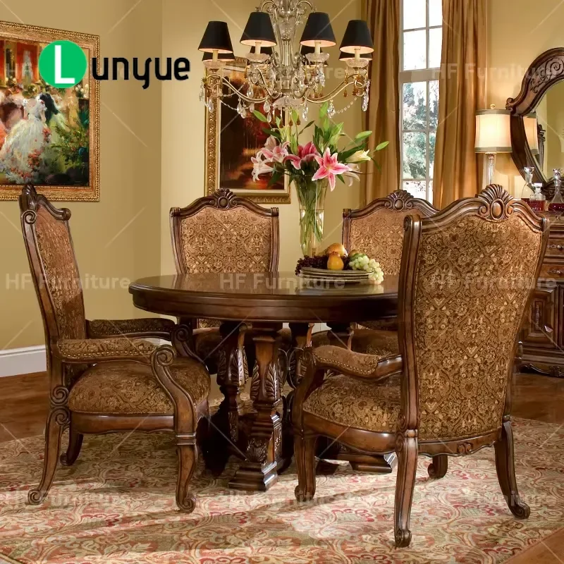 European Round Dining Table Set with 4 Chairs American Luxury Antique Traditional Design Restaurant Furniture