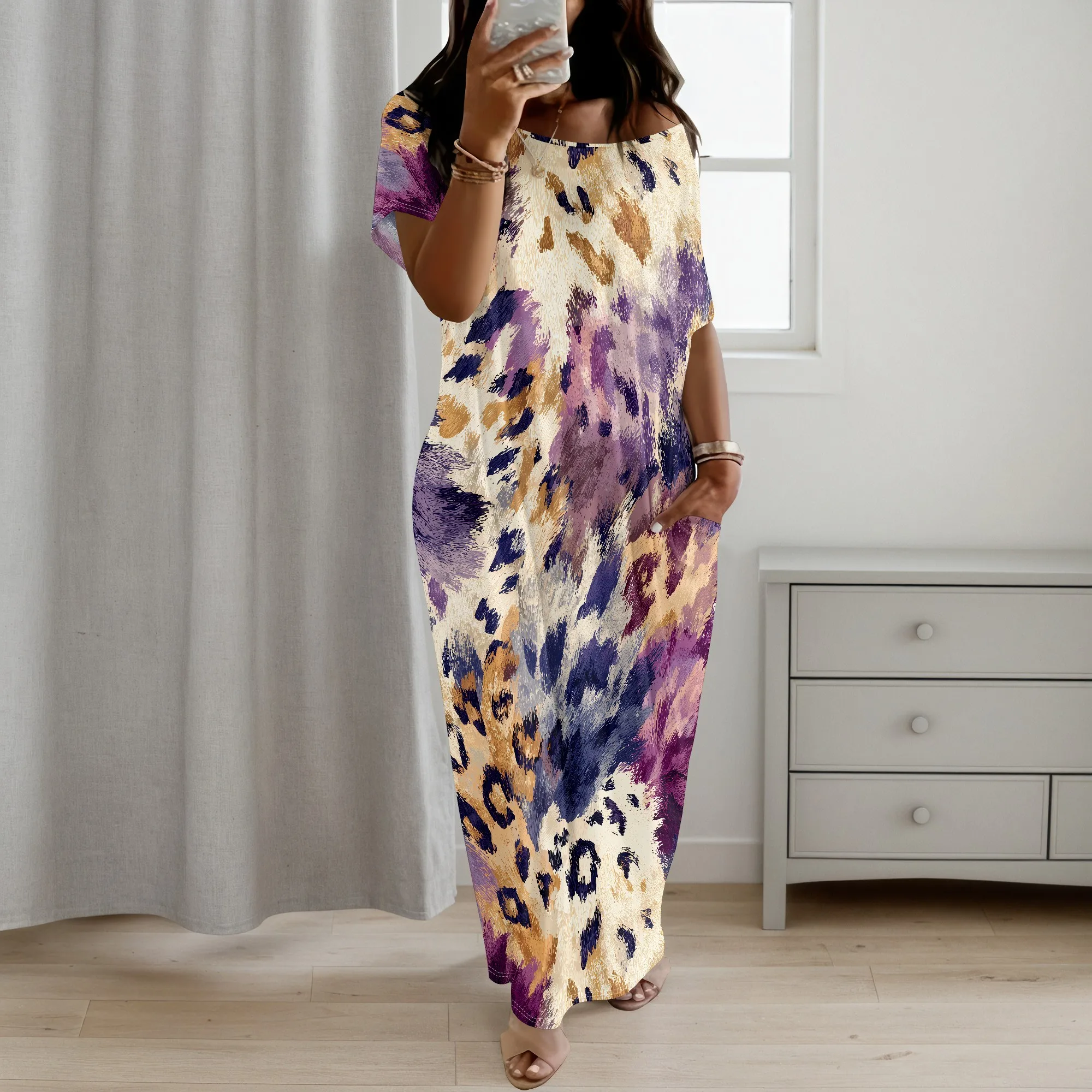 Abstract Leopard Print Dress, Boho Maxi Dress For Women, Casual Short Sleeve Summer Beach Wear, Pockets, XL-5XL