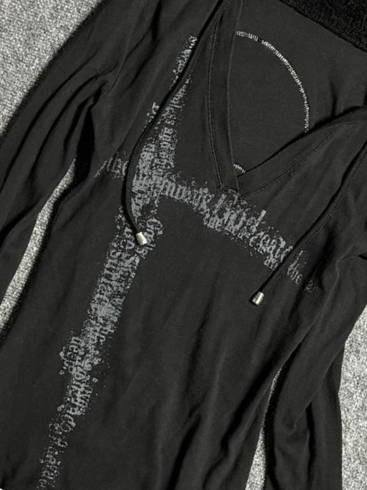 Y2k Vintage Stampato Slim Felpe con cappuccio da donna Manica lunga Estetica Moda Felpa con cappuccio nera Con scollo a V Abbigliamento streetwear 2025 Nuovo