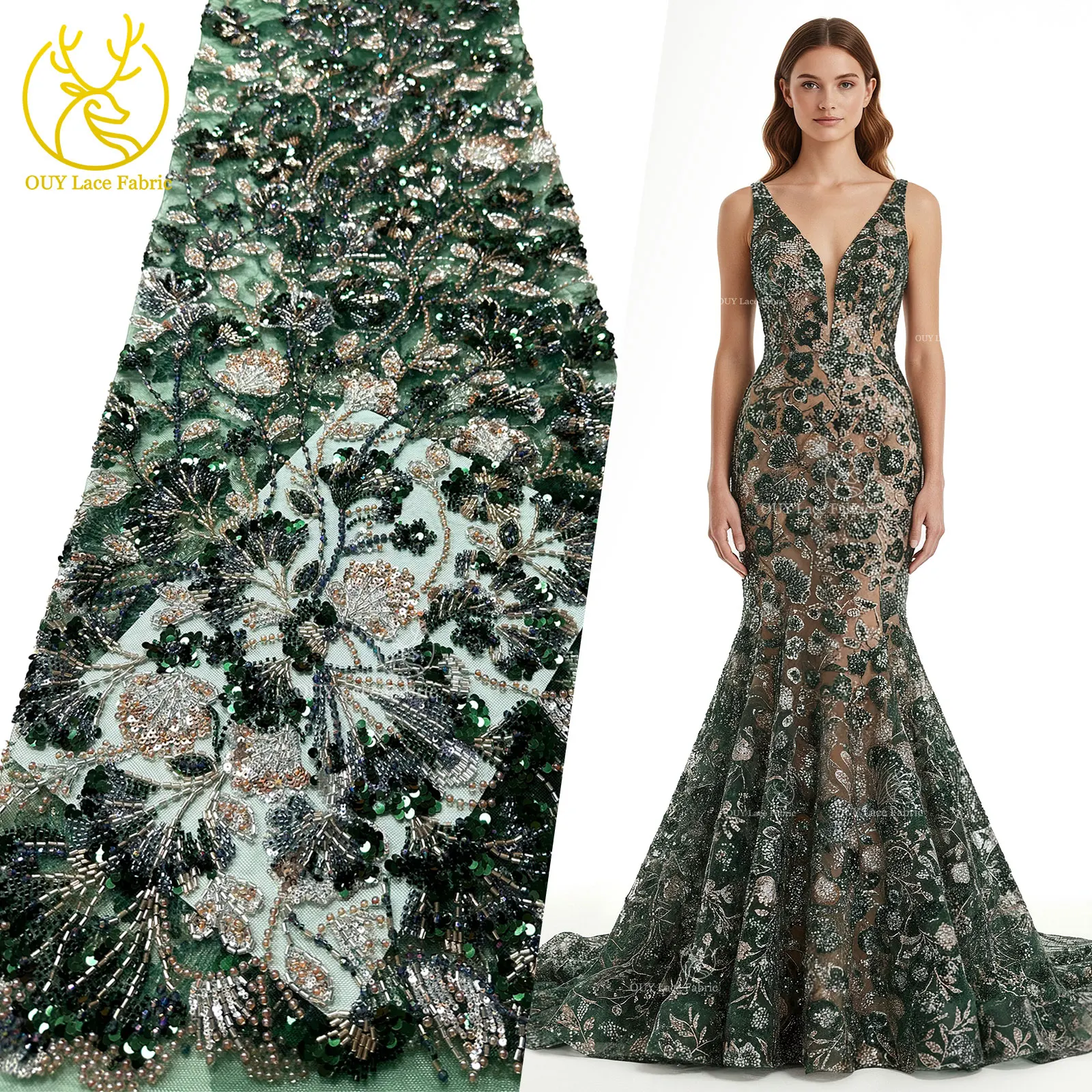 Luxuriöser afrikanischer schwerer Perlen-Spitzenstoff 2026, hochwertiger nigerianischer Tüll mit Pailletten, Spitzenstoff, Brautkleid, Haute Couture-Stoff – Detail 4