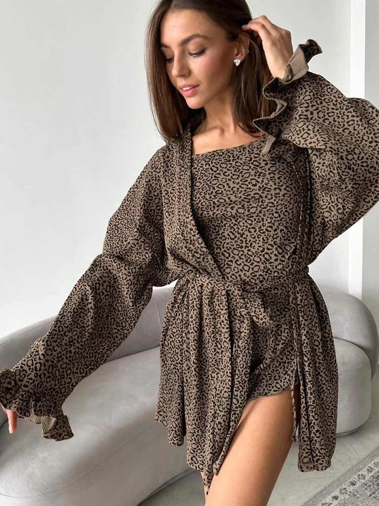 

Linad Leopard Pajamas For Women 3 Piece Sets Knitted Long Sleeve Sleepwear Female Spaghetti Strap Tops Casual Suits With Shorts