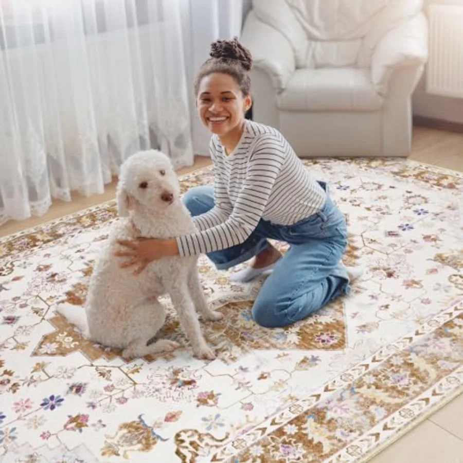 Vintage Design Area Rugs for Living Room 4x6 Machine Washable Floral Collection Traditional Bedroom Rug Low Pile Cute Room Prin