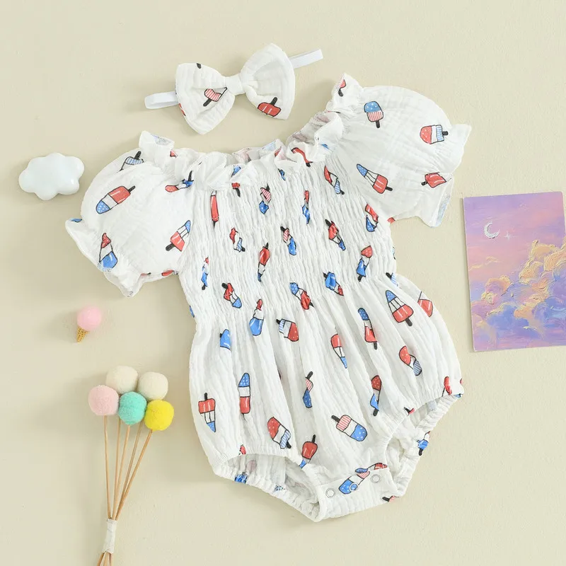 

Newborn Girl Outfit, Short Sleeve Pleated Popsicle Print Bodysuit with Bowknot Headband 4th of July Clothing