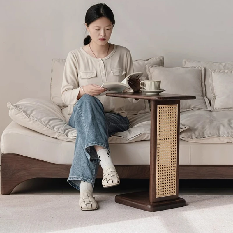 

Walnut Side Tables with Rattan Design Modern End Table for Sofa Portable Bedside Desk Minimalist Living Room Accent Furniture