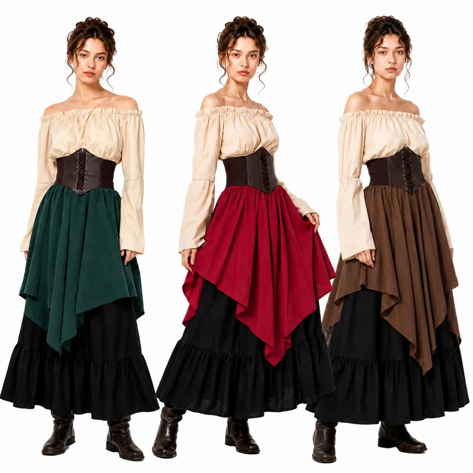 Womens Medieval Pastoral Bohemian Retro Off-shoulder Top Set Waist Half-length Dress Women's Suit Costume for Halloween