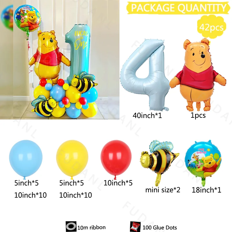 42 pièces Disney Winnie l'ourson thème bleu feuille numéro ballons mignon abeille enfants joyeux anniversaire fête Decos fournitures bébé douche cadeaux