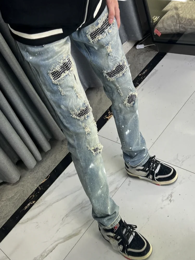 

Heavy Du Rhinestone Straight Leg Spray Painted Denim Jeans Men Women Trendy Brand Hole High Street Haome Slim Fit Pants ...