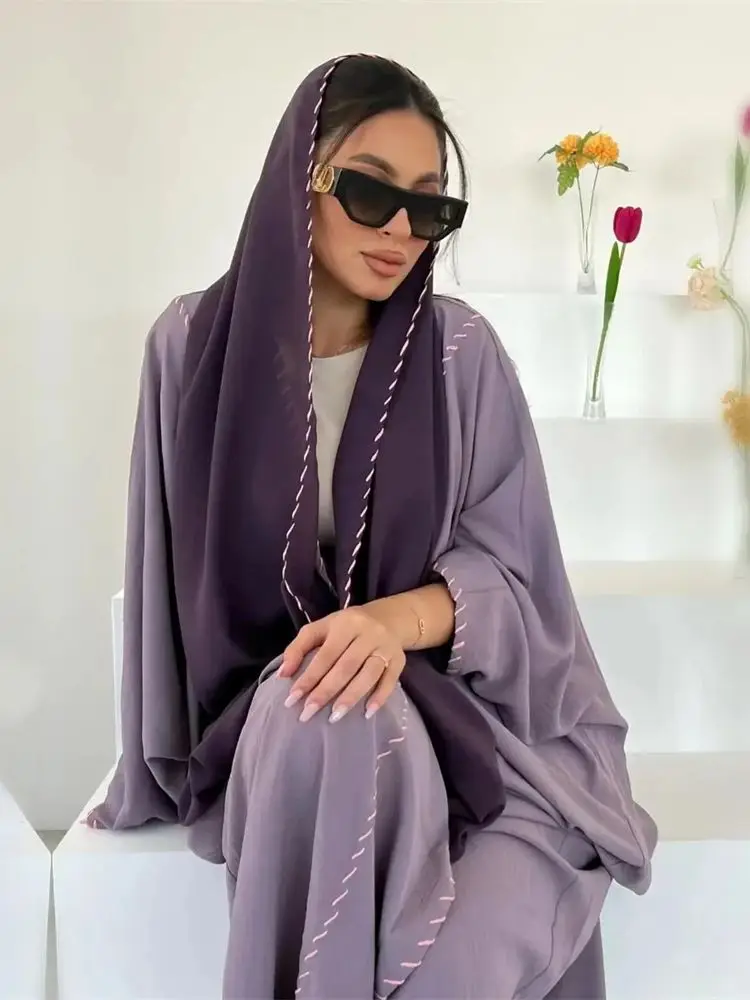 Eid Dubai Plain 2 Piece Abaya Set Hijab Modest Muslim Sets Khimar Abayas For Women Robe Caftan Marocain Femme Musulmane Kaftan