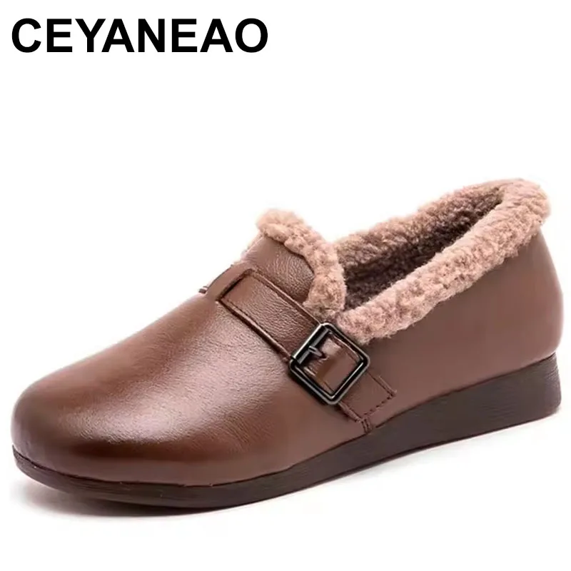 

Winter Warm Fluffy Fur Shoes Women Slip On Flat Shoes Genuine Leather Casual Mother Casual Cotton Shoes Retro