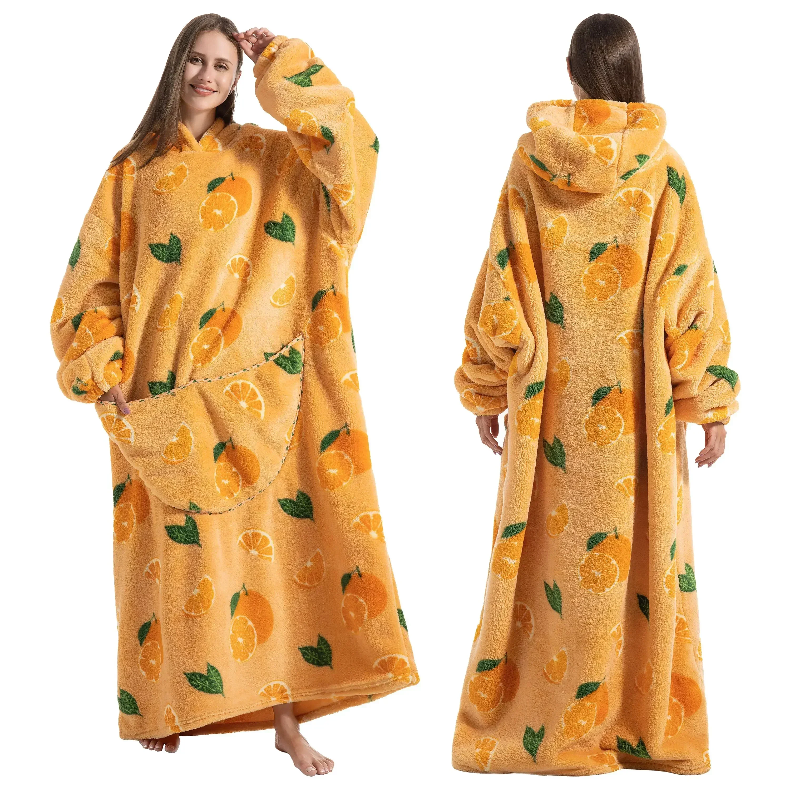 Super Long Oversized Winter Sherpa Blanket Plush Flannel Warm Family Matching Hoodie Christmas Homewear Avocado Women Sweatshirt image 4