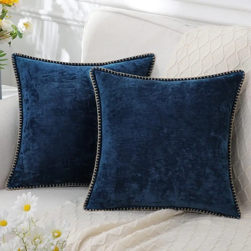 

Velvet Chenille Cushion Covers Blue Pillow Cover with Stitched Edge 18x18 Luxury Throw Decorative Pillows for Sofa Home Decro