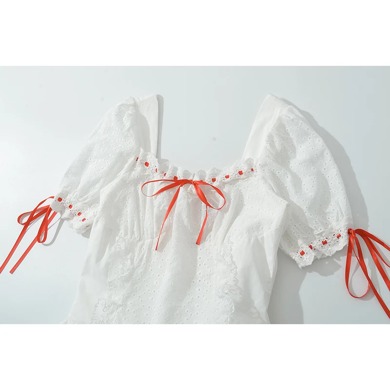 Jastie Hollow Out เย็บปักถักร้อยดอกไม้สีขาวชุดผู้หญิงวินเทจพัฟแขนโบว์ Sashes A-Line ชุดเดรสฤดูร้อนสั้น Holiday Robe