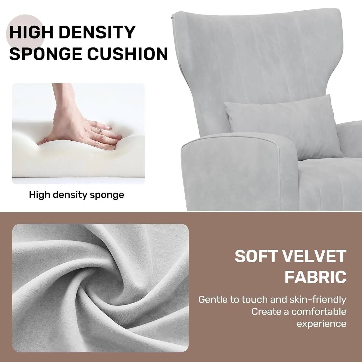 Velvet Wingback Accent Chair High Back Golden Legs Lumbar Pillow Upholstered Single Sofa Living Room Bedroom Grey, Customized