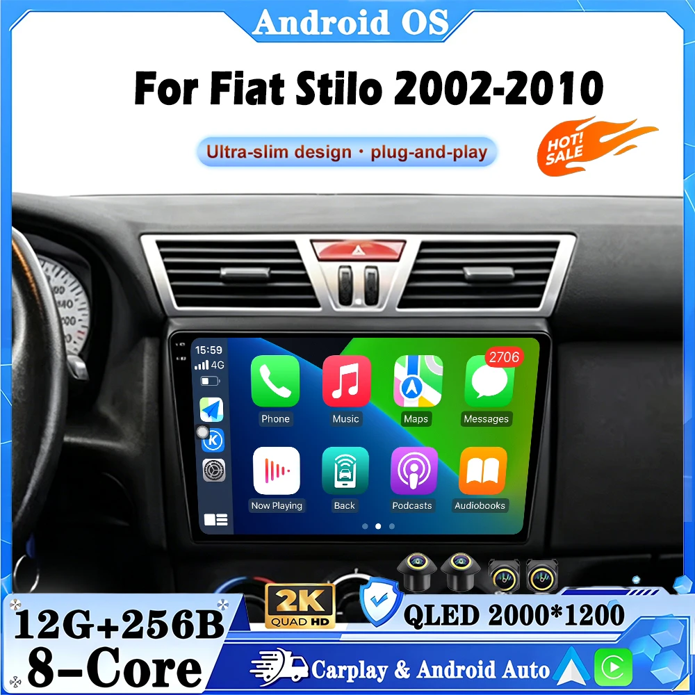 Android 16 For Fiat Stilo 2002-2010 Carplay Auto 4G+ WIFI GPS Car Radio Navigation Multimedia Video Player Stereo BT
