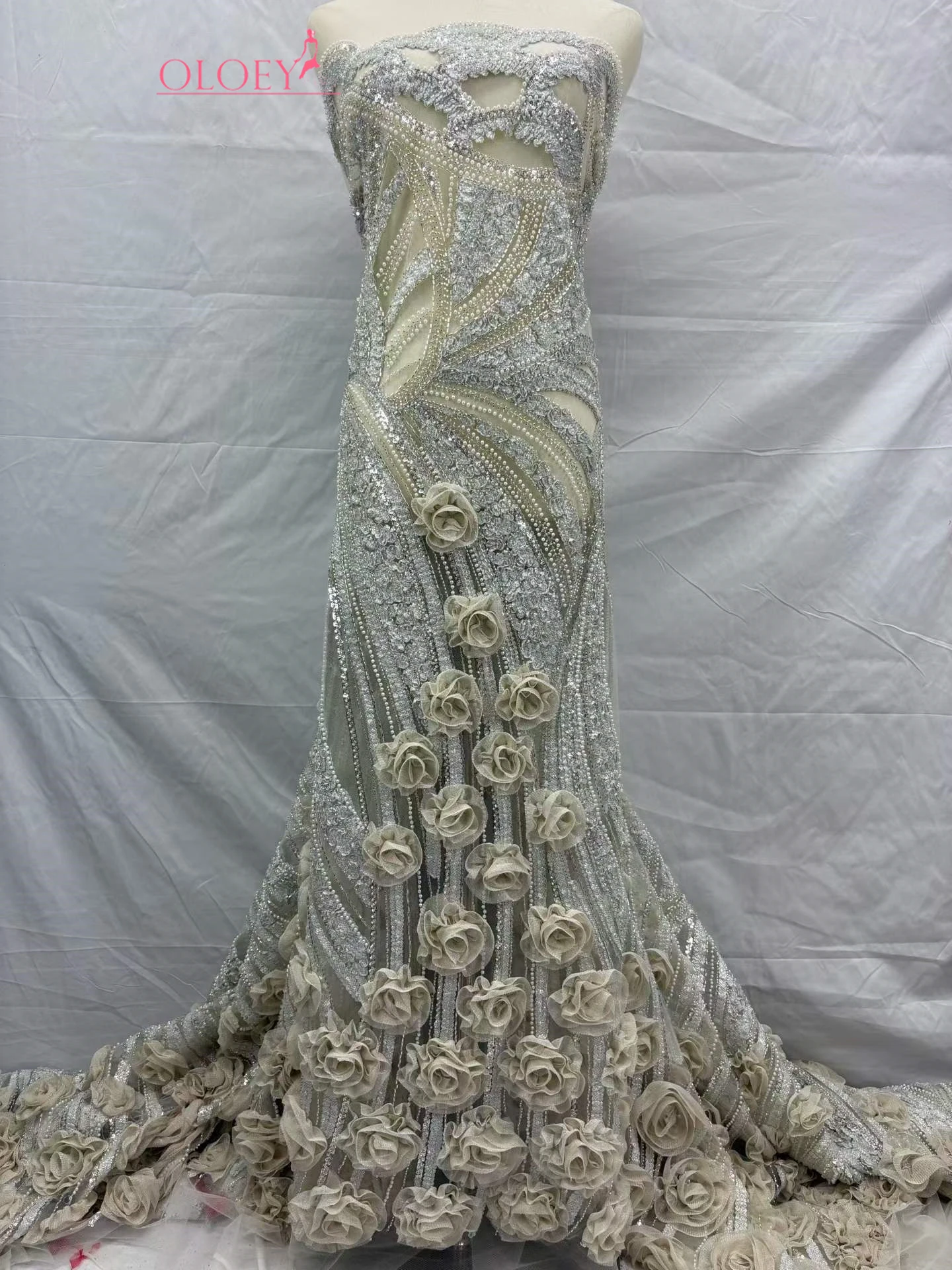 

Ткань OLOEY 3D с цветочным узором и бисером, африканская свадебная ткань с пайетками, новейший французский стиль, для пошива платьев, 2026