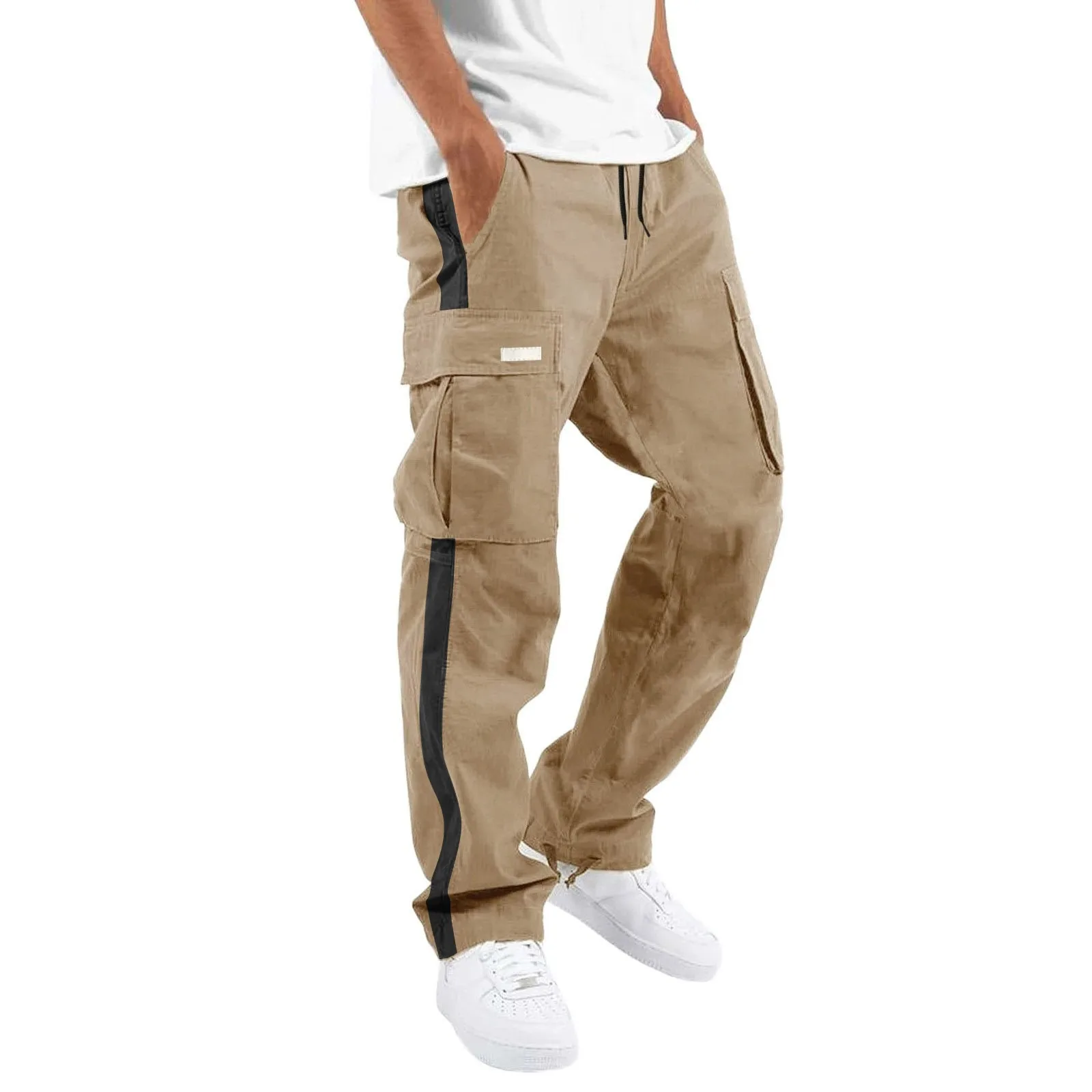 

Men Cargo Pants Four Seasons Street Loose Leisure Sports Foot Rope Mid Waist Patchwork Ribbon Standard Woven Trousers Sweatpants