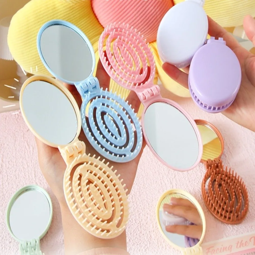 Portable Mini Folding Hair Comb with Mirror Detangling Foldable Hair Brush Scalp Massage Hollow Air Cushion Comb Travel