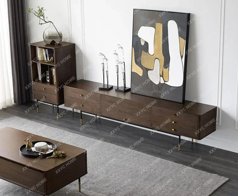 

Medieval Retro Solid Wood TV Cabinet Small Apartment Walnut Color Modern Simple Light Luxury