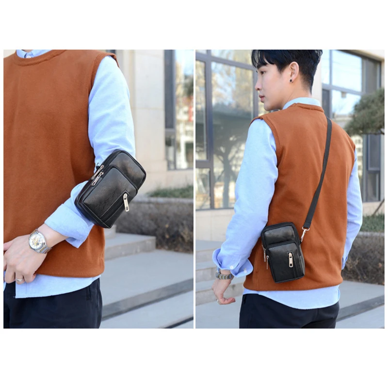 Men\'s Shoulder Crossbody Small Leather Bag PU sports mobile phone bags Solid Color Zipper Crossbody bag Casual Small Bags