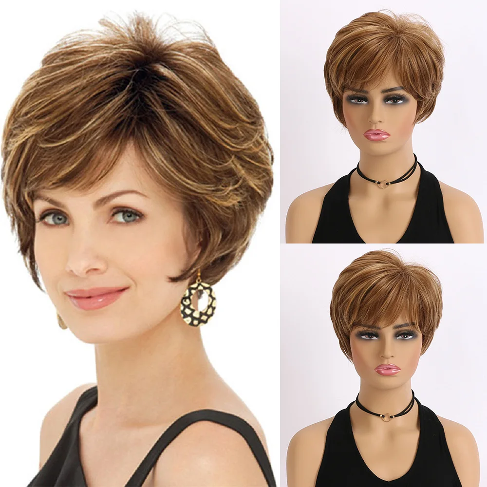 

OUCEY Highlight Synthetic Hair Wigs for Women Short Straight Pixie Cut Hair Bob Wig Honey Gold Mix Black Wig Female