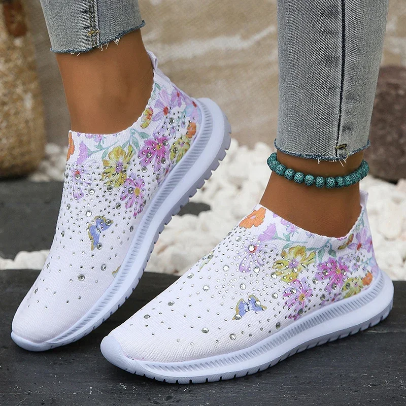 Newest Flower Prints Knitted Flats for Women Plus Size Shiny Crystal Breathable Mesh Loafers Woman Autumn Slip-On Walking Shoes