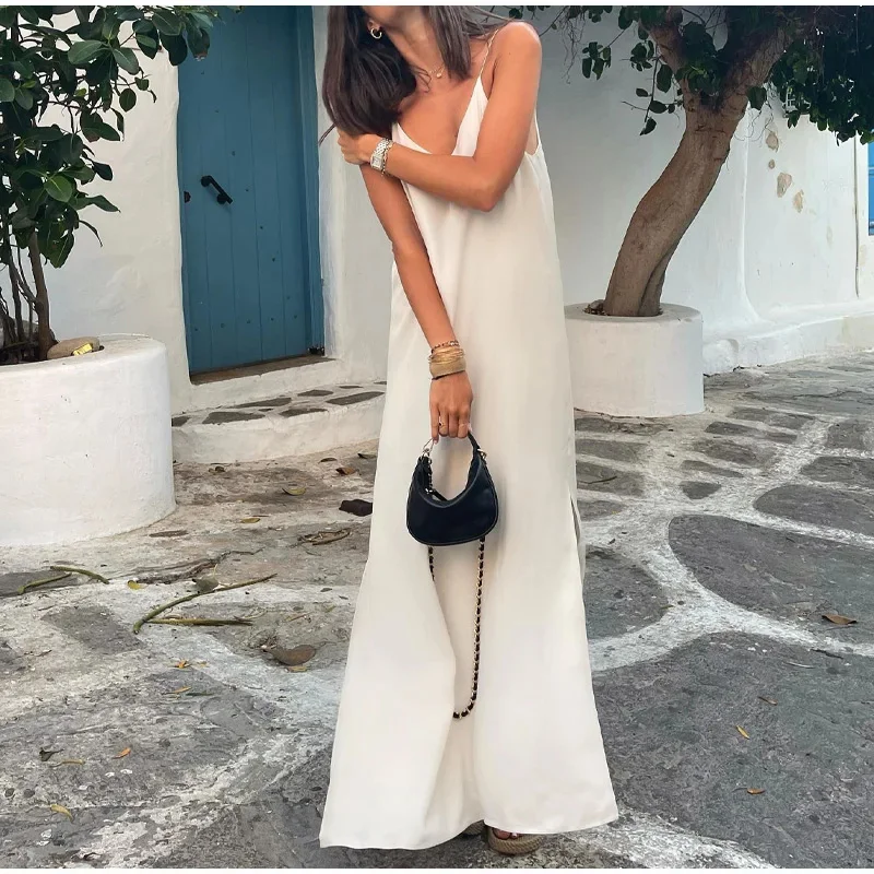 Elegante Frauen Split Maxi kleid Mode lose V-Ausschnitt rücken frei ärmellose Schlinge Kleider Sommer weibliche weiße Strand Urlaub Roben