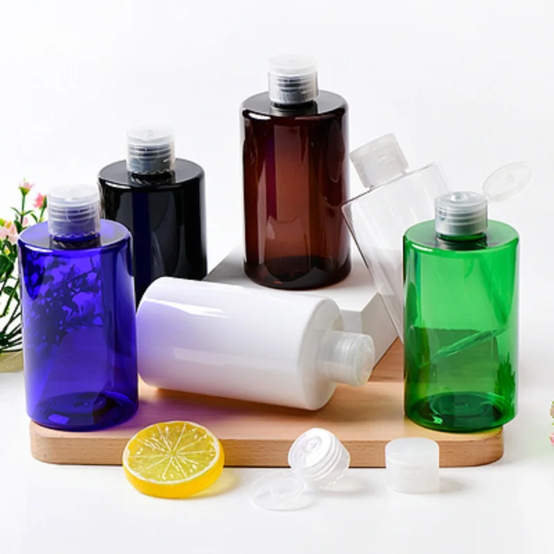 20Pcs Empty Plastic Refillable Bottle Flat Shoulder PET 250ML Black White Clear Flip Lid Cosmetic Packing Shampoo Bottles