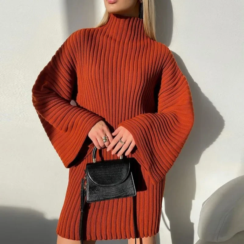 

Knitted Loose Women's Sweater Solid Color Casual Striped Horn Pullover 2024 Winter Embroidery Women's Turtleneck Sweater Dress