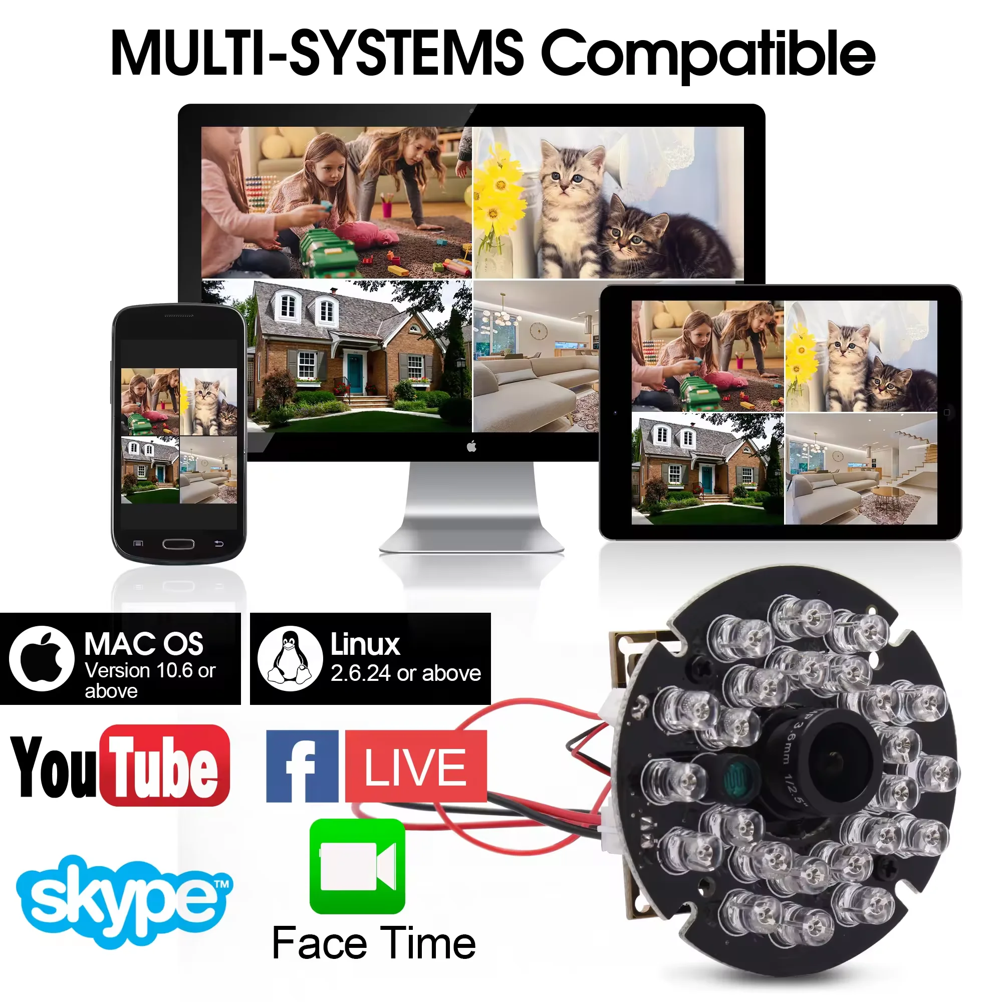 ELP 480P 60fps USB 카메라, 야간 투시경, IR LED 및 IR 컷, 감시용 DIY 카메라 모듈, 24 개