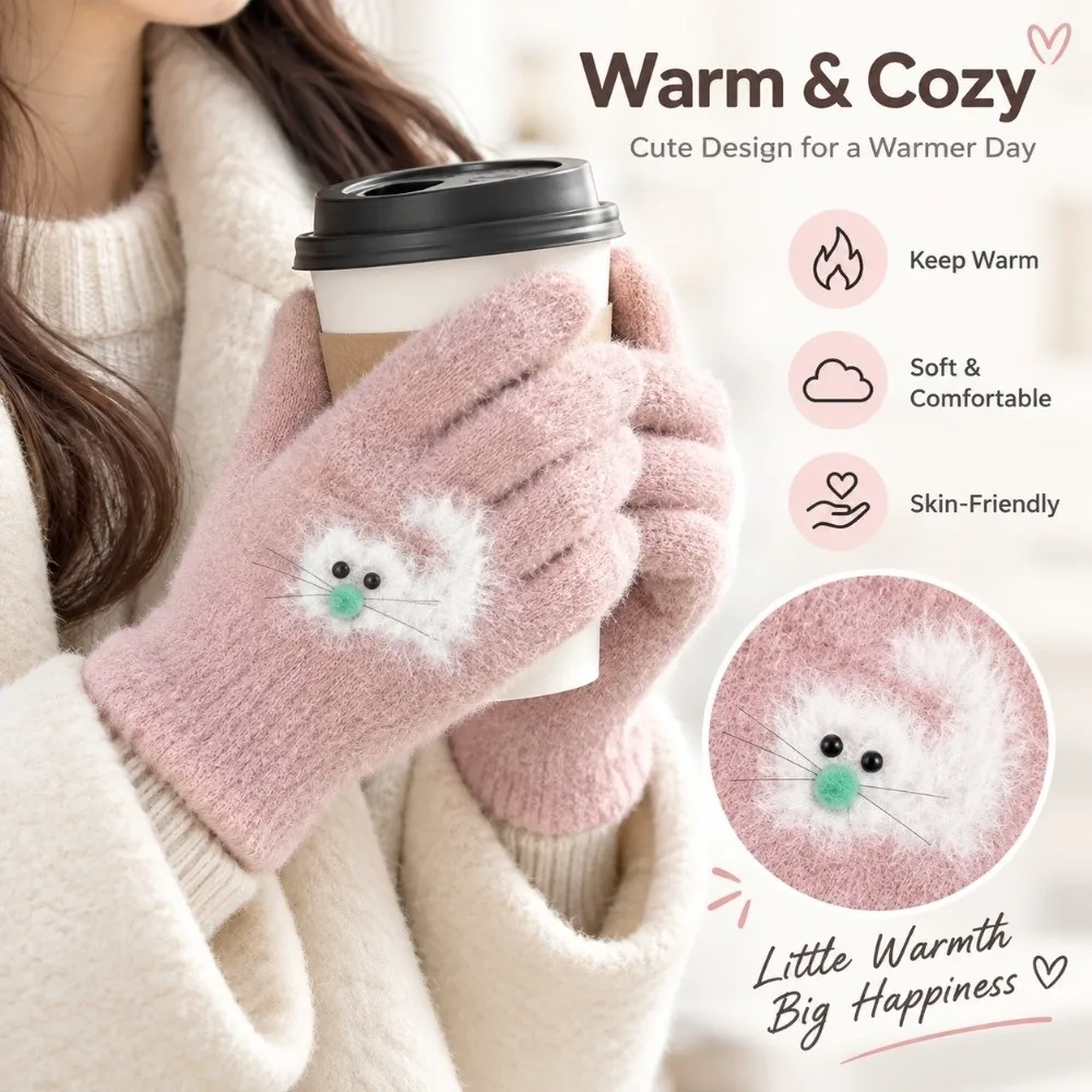 1 Pair New Warm Women's Winter Glove Thickened Faux Mink Fur Knitted Glove Stretchy Knitted Cute Cat Jacquard Glove Outings
