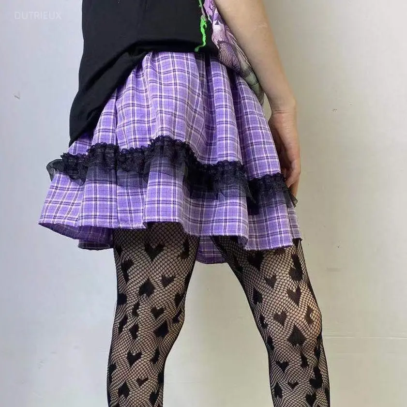 Japanese Fashion All Match High Street Plaid Skirts Y2k Aesthetic Spliced Lace Design Cake Jupe Lolita Kawaii Preppy Skirt