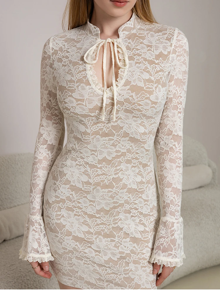 NewAsia Kant Lange Bell Mouwen Bodycon Mini-jurk met strikhals Elegante dames herfstjurk voor feest Date Night 2025, nieuwe collectie