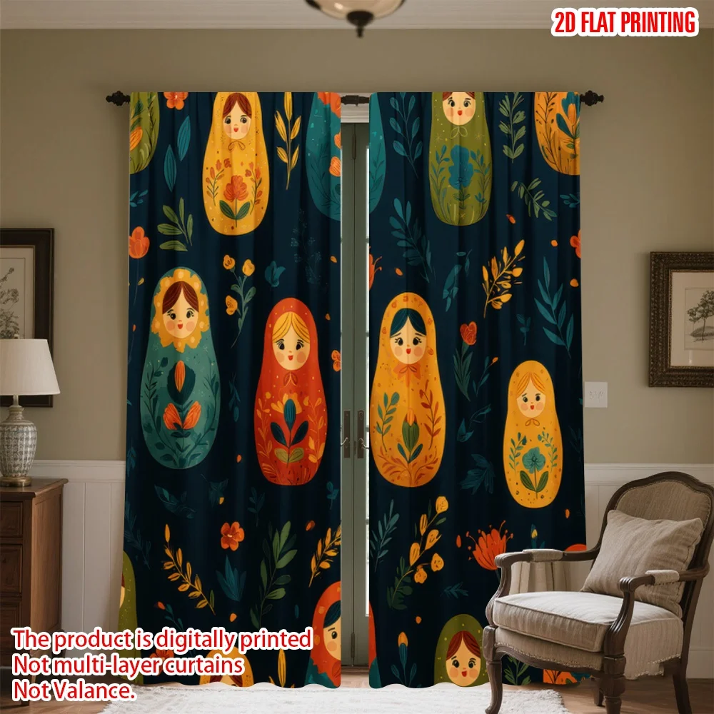 

2D flat printing 2pcs Drapes Folk Matryoshka Dolls Digital Printed Polyester Drapes All Season Party & Holiday Decor Use for