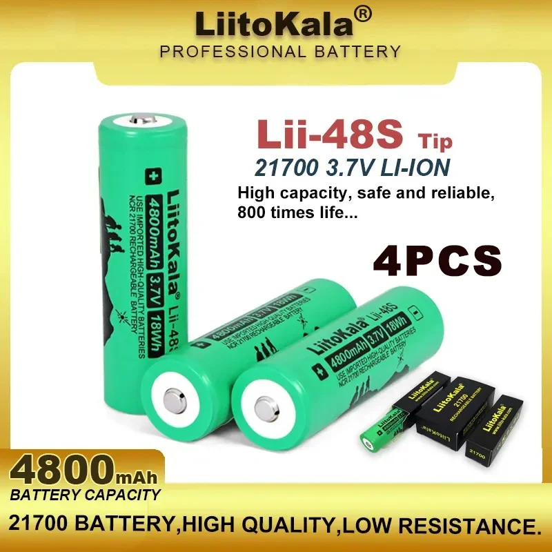 4PCS  LiitoKala Lii-48S+ TiP 3.7V 4800mAh 21700 Li-lon Rechargeable Battery 9.6A Power 2C Rate Discharge Ternary Lithium