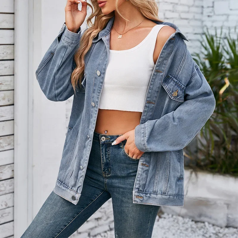 

Американская повседневная джинсовая куртка, женская весенне-осенняя винтажная свободная потертая однобортная джинсовая куртка с длинными рукавами, женское