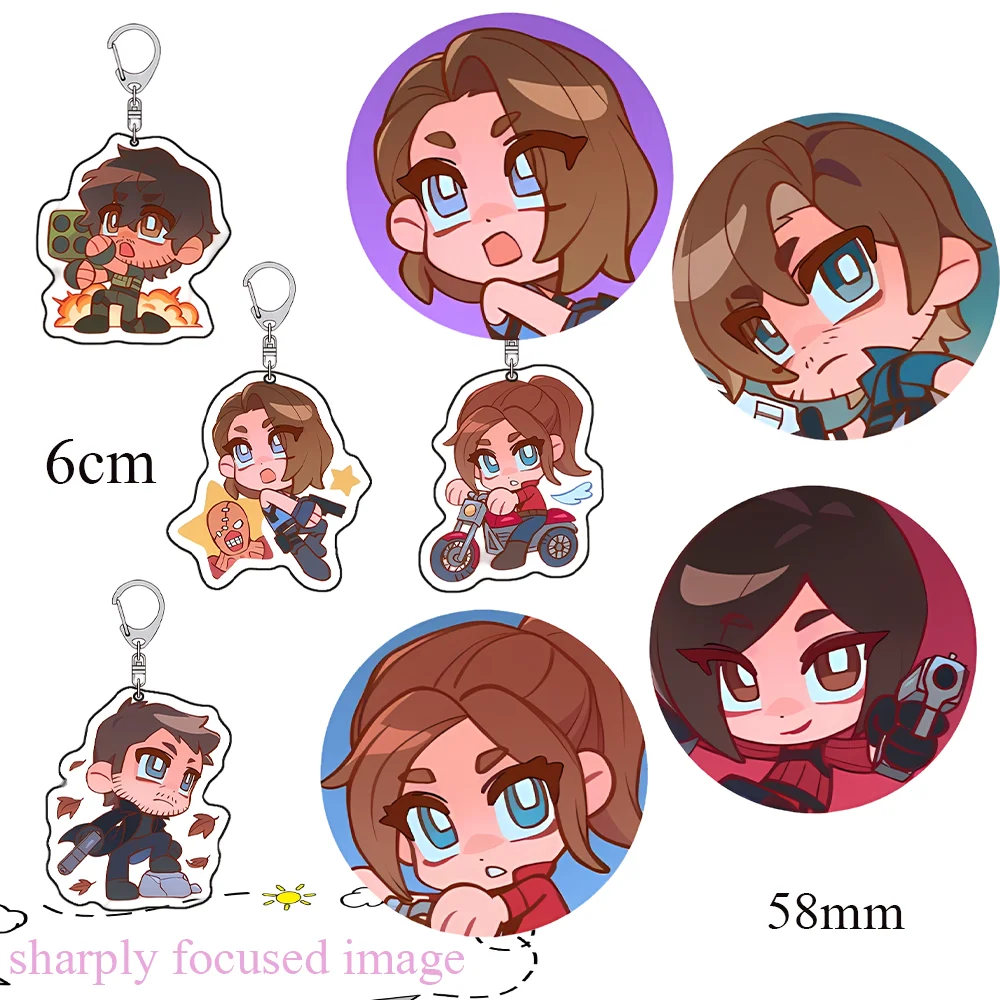 „RESIDENT EVIL“ 58-mm-Abzeichen/6-cm-Acryl-Schlüsselanhänger Leon/Claire/Jill/Ada, süßer Taschenanhänger im Chibi-Stil, Geburtstagsgeschenk