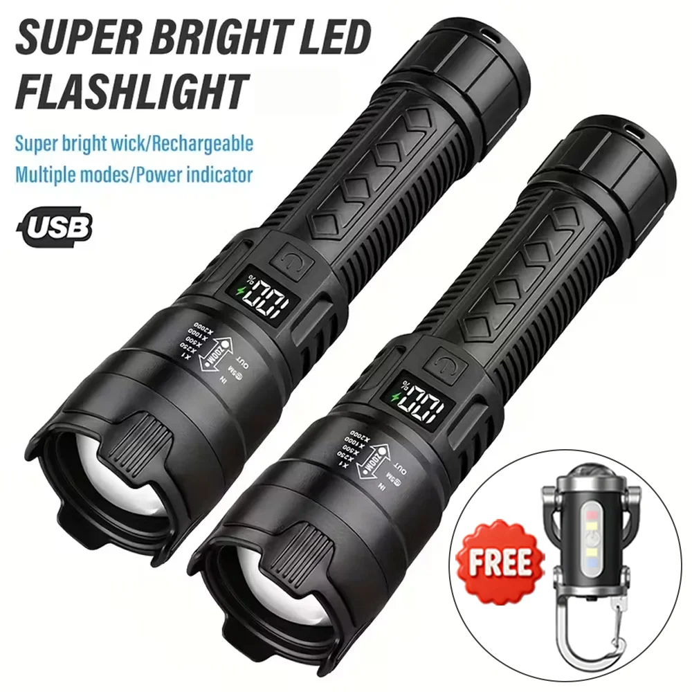 Super Bright LED Flashlight USB Rechargeable Torch with Display Zoomable Light with Battery Camping Hiking Emergency Lantern