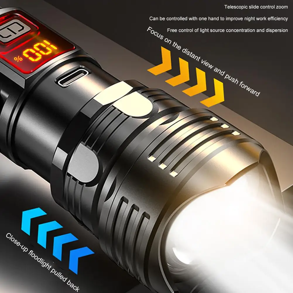 LED Flashlight Super Bright Rechargeable Portable Ultra Power Torch Lamp Retractable Digital Zoom Hand Light For Camping Outdoor