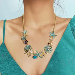 Beach Multicolor Starfish Shell Shining Rhinestones Pendant Necklace Bracelets Set