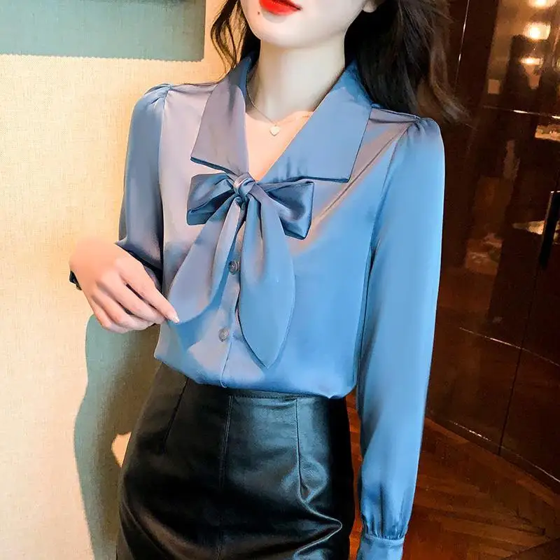 Bow Polo Neck Solid Color Office Blouse Spring Autumn Long Sleeve All-match Korean Shirt Tops Temperament Fashion Women Clothing