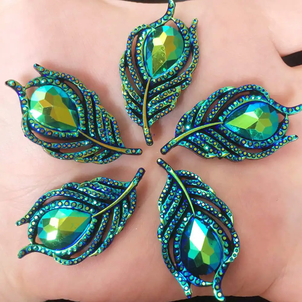 New 10PCS AB Resin 3D Peacock Feathers Flatback Rhinestone Wedding DIY Buttons W194