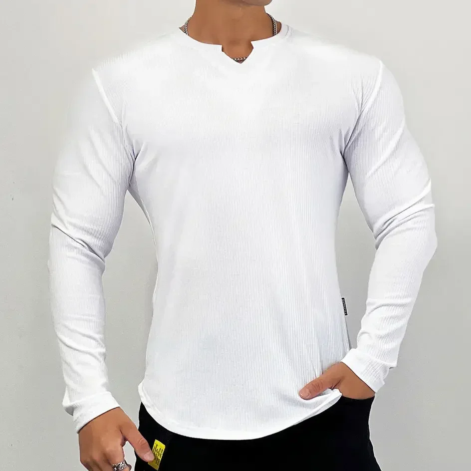 Autumn and Winter Men\'s Long sleeved T-shirt, Sports Quick Drying Slim Fit V-neck Fitness Top, Elastic Breathable Running