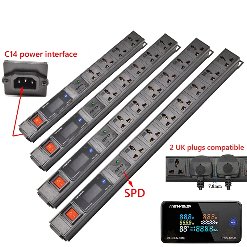 Metal Power Strip iec C14 Power Port Voltmeter Ammeter Watt Kwh temperature Meter Surge protection Universal Outlet Socket